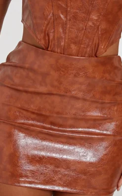 Discount PrettyLittleThing Shape Washed Faux Leather Skirt Brown