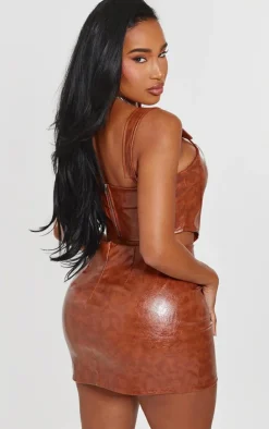 Online PrettyLittleThing Shape Washed Faux Leather Dip Hem Corset Brown
