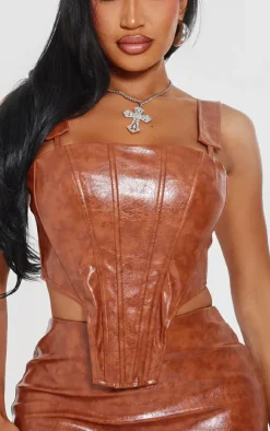 Online PrettyLittleThing Shape Washed Faux Leather Dip Hem Corset Brown