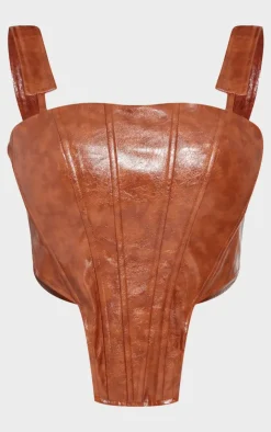 Online PrettyLittleThing Shape Washed Faux Leather Dip Hem Corset Brown