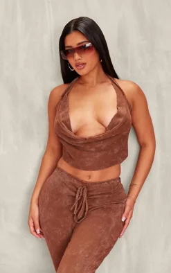 PrettyLittleThing Shape Washed Ribbed Halterneck Cowl Crop Top Brown