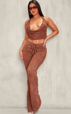 PrettyLittleThing Shape Washed Ribbed Halterneck Cowl Crop Top Brown