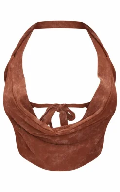 PrettyLittleThing Shape Washed Ribbed Halterneck Cowl Crop Top Brown