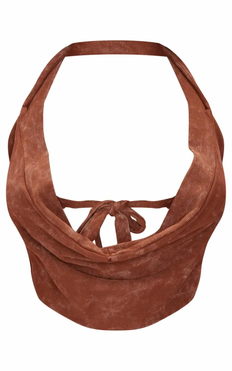 PrettyLittleThing Shape Washed Ribbed Halterneck Cowl Crop Top Brown