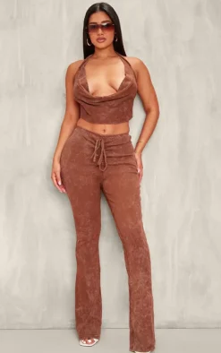 Outlet PrettyLittleThing Shape Washed Ribbed Ruched Front Flare Pants Brown