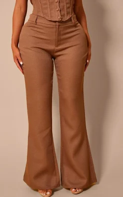 Discount PrettyLittleThing Shape Brown Woven High Waist Pants Choc Brown