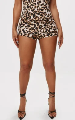 Hot PrettyLittleThing Shape Woven Leopard Print Hot Pants Brown