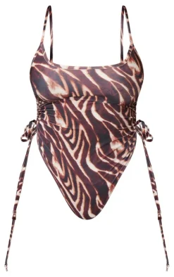 Shape Brown Zebra Print Ruched Side High Rise Swimsuit