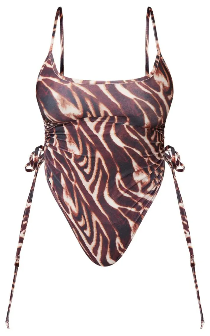 Shape Brown Zebra Print Ruched Side High Rise Swimsuit