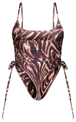 Shape Brown Zebra Print Ruched Side High Rise Swimsuit