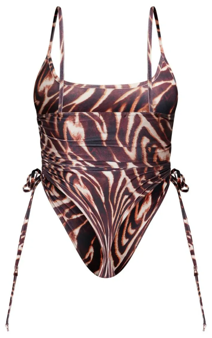 Shape Brown Zebra Print Ruched Side High Rise Swimsuit