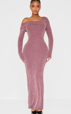 Shape Brushed Rib Fold Over Off Shoulder Long Sleeve Maxi Dress-PrettyLittleThing Best