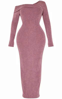 Shape Brushed Rib Fold Over Off Shoulder Long Sleeve Maxi Dress-PrettyLittleThing Best