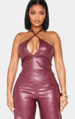 New PrettyLittleThing Shape Faux Leather Halter Neck Top Burgundy