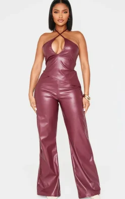 New PrettyLittleThing Shape Faux Leather Halter Neck Top Burgundy