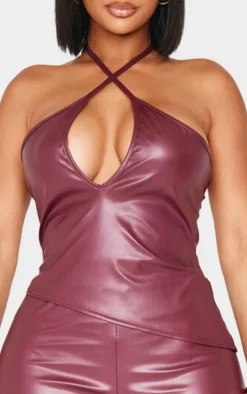 New PrettyLittleThing Shape Faux Leather Halter Neck Top Burgundy