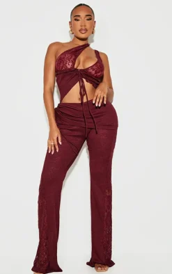 Hot PrettyLittleThing Shape Fold Over Ribbed Pant With Side Panel Detail Burgundy