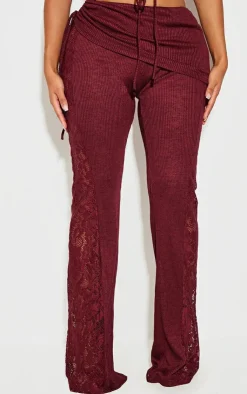Hot PrettyLittleThing Shape Fold Over Ribbed Pant With Side Panel Detail Burgundy