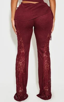 Hot PrettyLittleThing Shape Fold Over Ribbed Pant With Side Panel Detail Burgundy