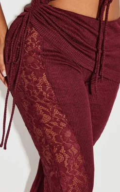 Hot PrettyLittleThing Shape Fold Over Ribbed Pant With Side Panel Detail Burgundy