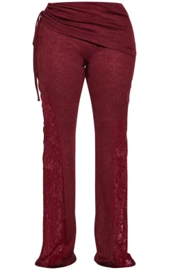 Hot PrettyLittleThing Shape Fold Over Ribbed Pant With Side Panel Detail Burgundy