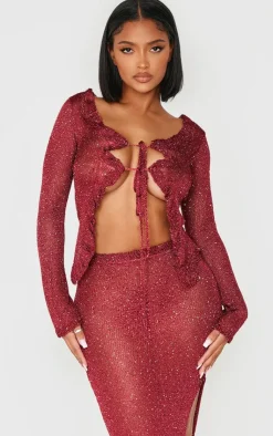 PrettyLittleThing Shape Glitter Knit Ruffle Top Burgundy
