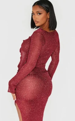 PrettyLittleThing Shape Glitter Knit Ruffle Top Burgundy