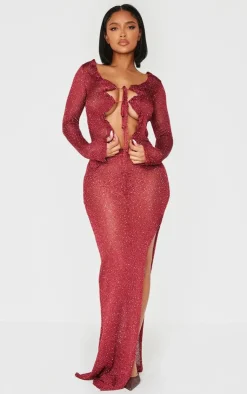 PrettyLittleThing Shape Glitter Knit Ruffle Top Burgundy