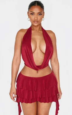 Discount PrettyLittleThing Shape Halter Neck Cowl Neck Top Burgundy