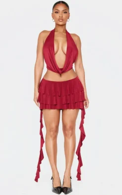 Discount PrettyLittleThing Shape Halter Neck Cowl Neck Top Burgundy