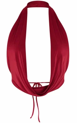 Discount PrettyLittleThing Shape Halter Neck Cowl Neck Top Burgundy