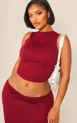 New PrettyLittleThing Shape Jersey Ruched Side Sleeveless Crop Top Burgundy