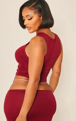 New PrettyLittleThing Shape Jersey Ruched Side Sleeveless Crop Top Burgundy