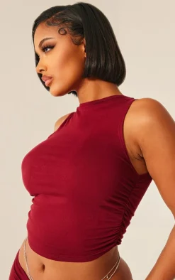 New PrettyLittleThing Shape Jersey Ruched Side Sleeveless Crop Top Burgundy