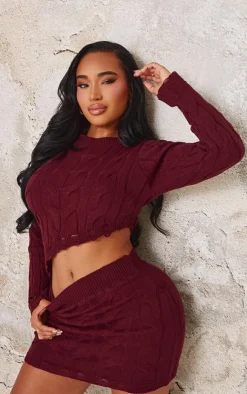 Online PrettyLittleThing Shape Knitted Dipped Hem Top Burgundy