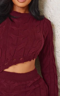 Online PrettyLittleThing Shape Knitted Dipped Hem Top Burgundy