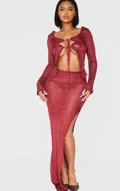 PrettyLittleThing Shape Knitted Glitter Maxi Skirt Burgundy