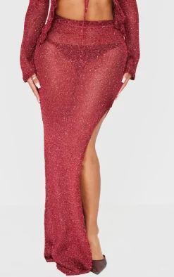 PrettyLittleThing Shape Knitted Glitter Maxi Skirt Burgundy