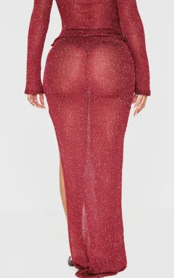 PrettyLittleThing Shape Knitted Glitter Maxi Skirt Burgundy