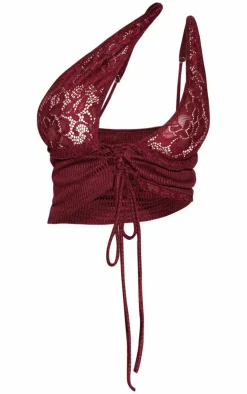 Hot PrettyLittleThing Shape Lace Up Bralet Top Burgundy
