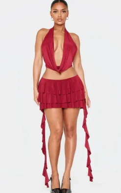Discount PrettyLittleThing Shape Low Rise Ruffle Frill Mini Skirt Burgundy
