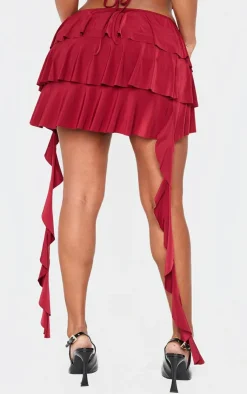 Discount PrettyLittleThing Shape Low Rise Ruffle Frill Mini Skirt Burgundy