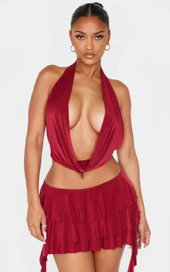 Discount PrettyLittleThing Shape Low Rise Ruffle Frill Mini Skirt Burgundy