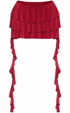 Discount PrettyLittleThing Shape Low Rise Ruffle Frill Mini Skirt Burgundy