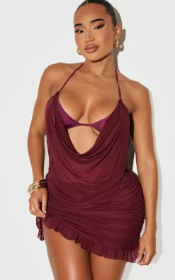 Clearance PrettyLittleThing Shape Mesh Frill Hem Ruched Mini Skirt Burgundy