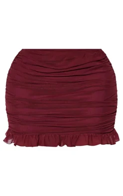 Clearance PrettyLittleThing Shape Mesh Frill Hem Ruched Mini Skirt Burgundy