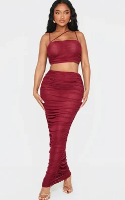 New PrettyLittleThing Shape Mesh Low Rise Ruched Maxi Skirt Burgundy