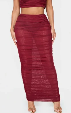 New PrettyLittleThing Shape Mesh Low Rise Ruched Maxi Skirt Burgundy