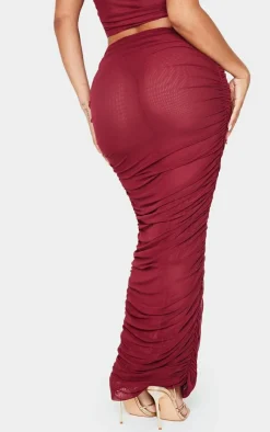 New PrettyLittleThing Shape Mesh Low Rise Ruched Maxi Skirt Burgundy