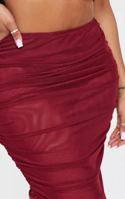 New PrettyLittleThing Shape Mesh Low Rise Ruched Maxi Skirt Burgundy